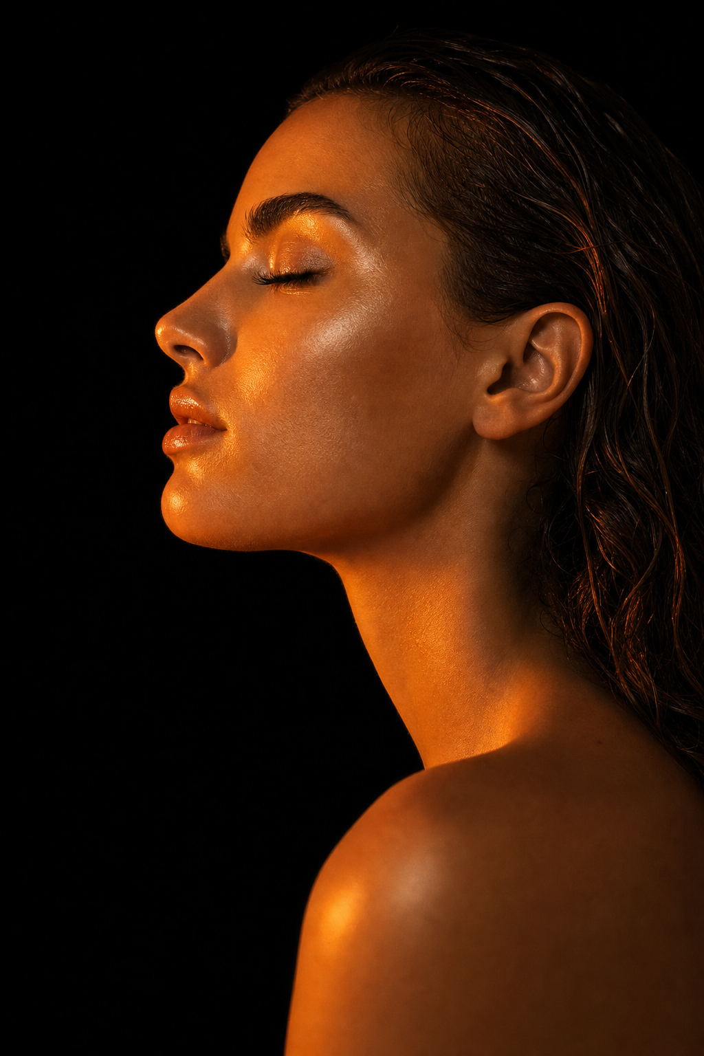 Editorial close-up of luminous skin lit by warm bronze studio light