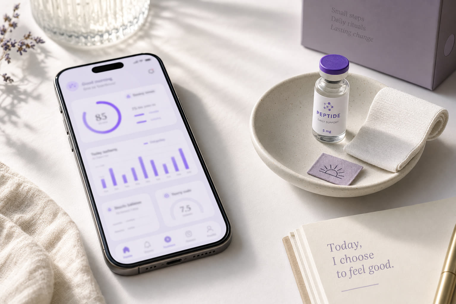 A phone on a soft surface showing an Aflu membership dashboard mockup, with a peptide vial and band beside it.