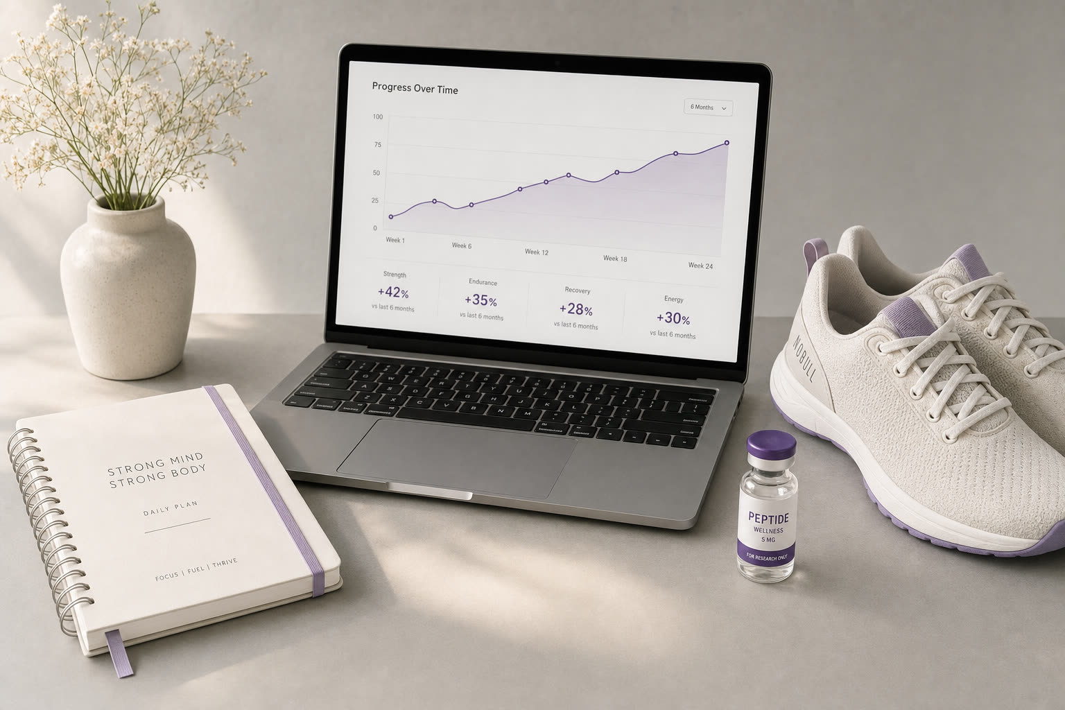 A wellness coach workspace with a laptop showing a clean progress chart, training shoes, and a single peptide vial.
